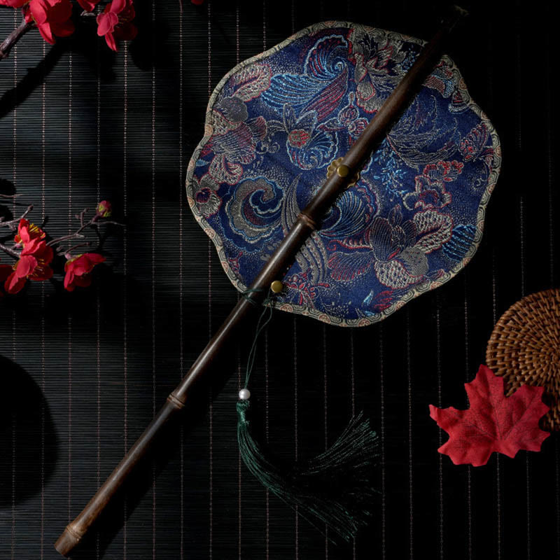 Buddha Stones手作り 貝殻 鱗 葉 葉脈 模様 紫色の長い竹製ハンドル 携帯用 巻き上げ式扇風機