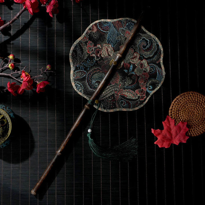 Buddha Stones手作り 貝殻 鱗 葉 葉脈 模様 紫色の長い竹製ハンドル 携帯用 巻き上げ式扇風機