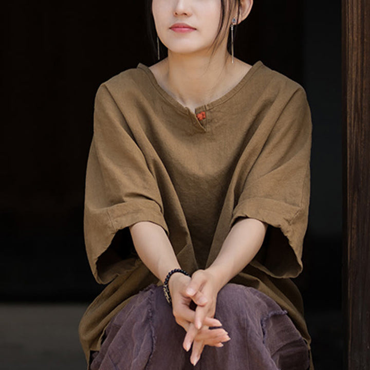 Buddha Stonesカジュアル ハーフスリーブ ラミー リネン コットン Tシャツ