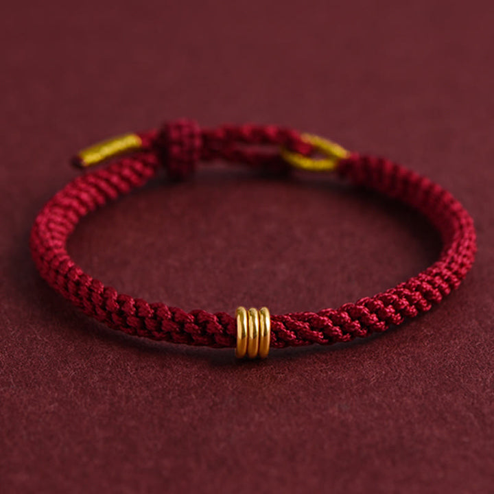 Buddha Stones 999ゴールド トリプルリングデザイン ハンドメイドコネクション編みロープブレスレット - 19cm - image 0