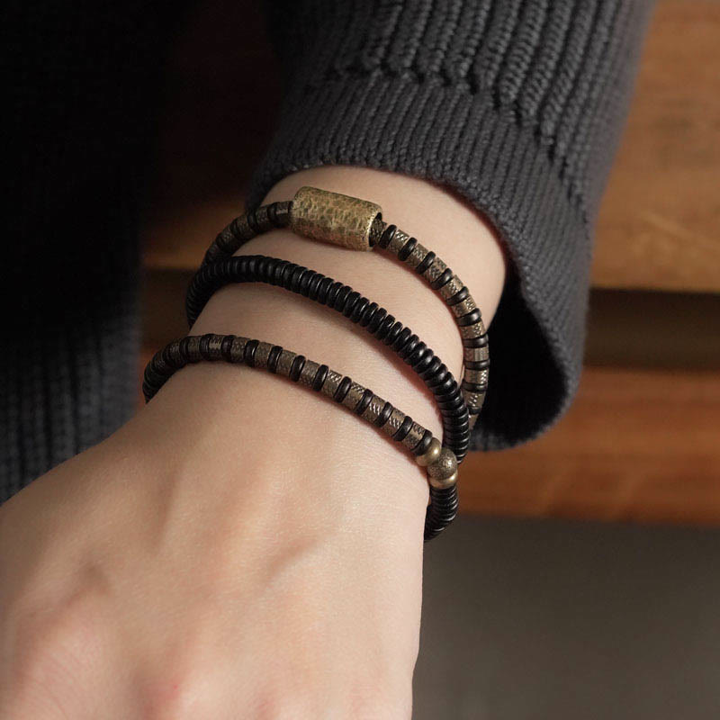 Buddha Stonesヒーリングチベット黒檀ウッドビーズ銅多層ブレスレット