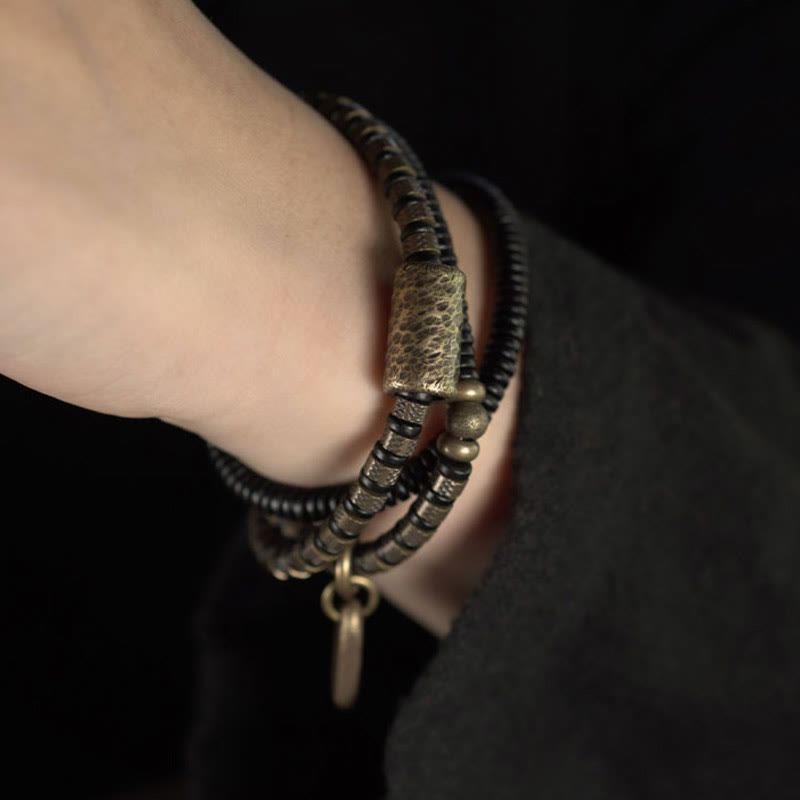 Buddha Stonesヒーリングチベット黒檀ウッドビーズ銅多層ブレスレット