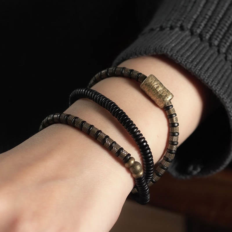 Buddha Stonesヒーリングチベット黒檀ウッドビーズ銅多層ブレスレット