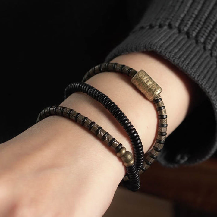 Buddha Stonesヒーリングチベット黒檀ウッドビーズ銅多層ブレスレット