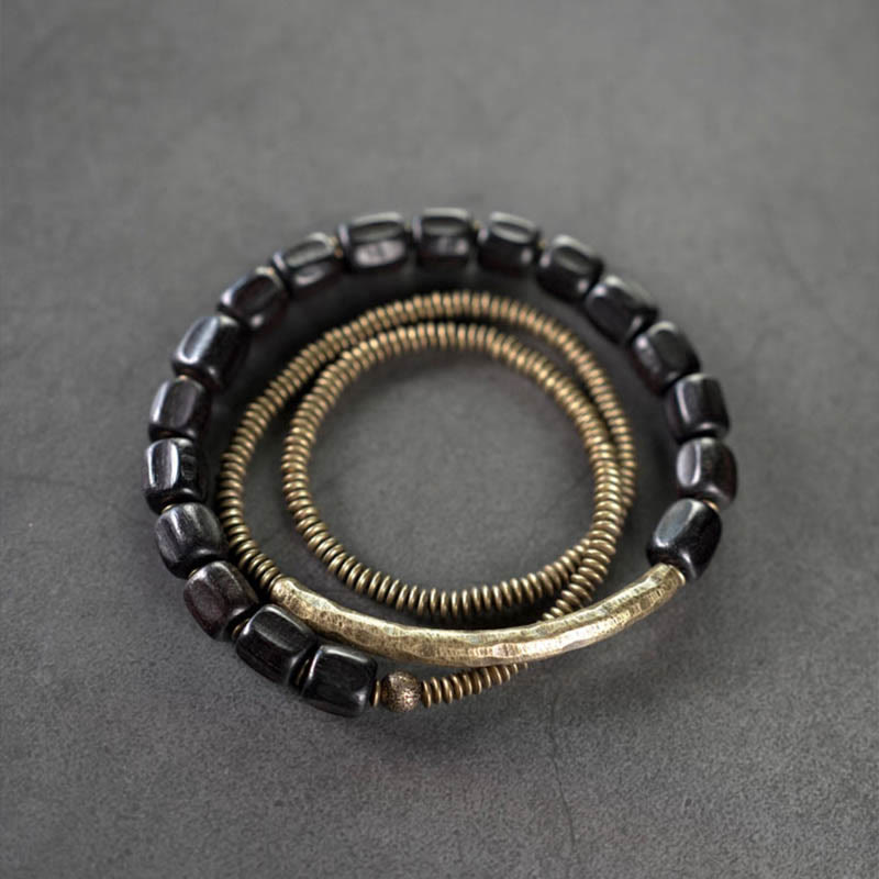 Buddha Stonesヴィンテージ 平和 チベット 黒檀 木製ビーズ 銅 多層 ヒーリングブレスレット