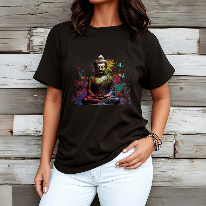 Buddha Stones、カラフルな蝶が飛んでいる瞑想仏陀Tシャツ - image 4
