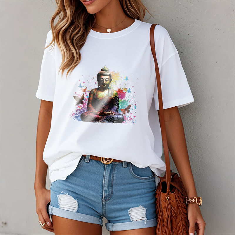 Buddha Stones、カラフルな蝶が飛んでいる瞑想仏陀Tシャツ - image 7