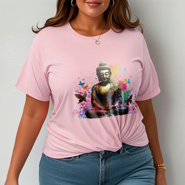 Buddha Stones、カラフルな蝶が飛んでいる瞑想仏陀Tシャツ - image 13