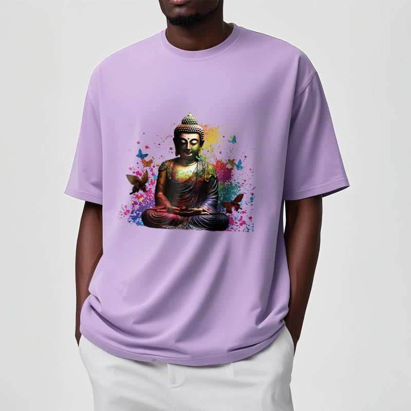 Buddha Stones、カラフルな蝶が飛んでいる瞑想仏陀Tシャツ - image 17