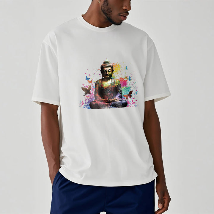 Buddha Stones、カラフルな蝶が飛んでいる瞑想仏陀Tシャツ - image 6