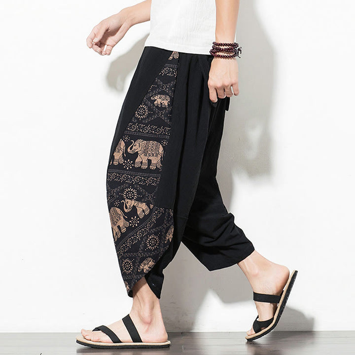 Buddha Stonesブラウン エレファントプリント コットン メンズ クロップド ハーレムパンツ ポケット付き - image 5