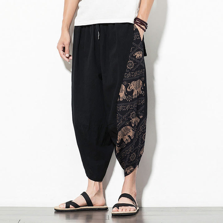 Buddha Stonesブラウン エレファントプリント コットン メンズ クロップド ハーレムパンツ ポケット付き - image 6