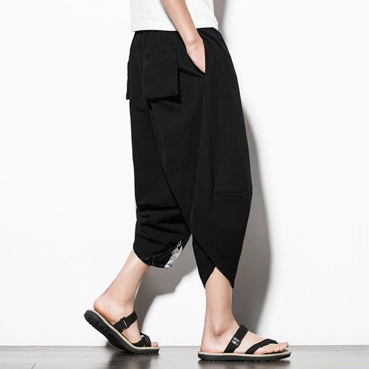 Buddha Stonesホワイトクレーンプリント コットン メンズ クロップド ハーレムパンツ ポケット付き - image 3