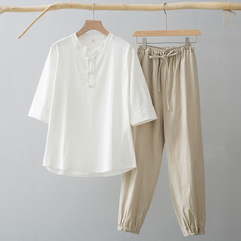 Buddha Stonesフロッグボタン 七分袖シャツパンツ メンズスーツ - ホワイトシャツ&アンティークホワイトパンツ - US/UK/AU44、 EU54 (4XL) - image 7