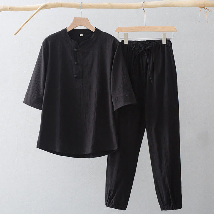 Buddha Stonesフロッグボタン 七分袖シャツパンツ メンズスーツ - 黒シャツ&黒パンツ - US/UK/AU44、 EU54 (4XL) - image 3