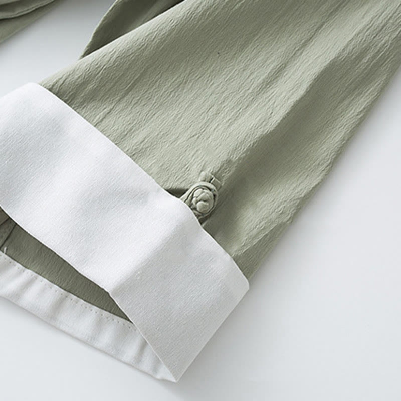 Buddha Stones唐蛙ボタン七分袖シャツパンツメンズスーツ