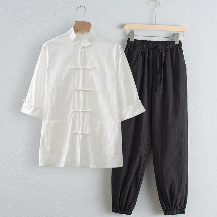 Buddha Stones唐蛙ボタン七分袖シャツパンツメンズスーツ