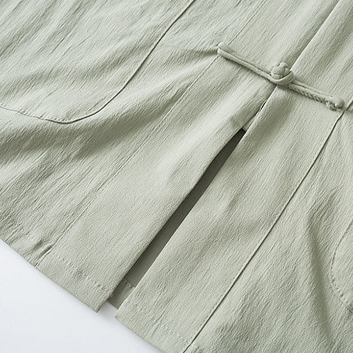 Buddha Stones唐蛙ボタン七分袖シャツパンツメンズスーツ