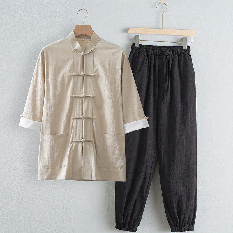 Buddha Stones唐蛙ボタン七分袖シャツパンツメンズスーツ