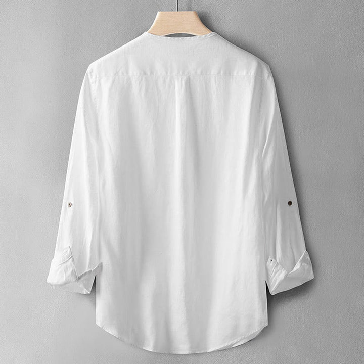 Buddha Stones無地長袖ボタンシャツリネンメンズ服 - image 12