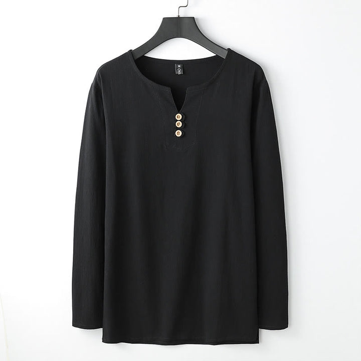 Buddha Stones無地長袖ボタンシャツコットンリネンメンズ服 - 黒 - US/UK/AU54、 EU64 (9XL) - image 3