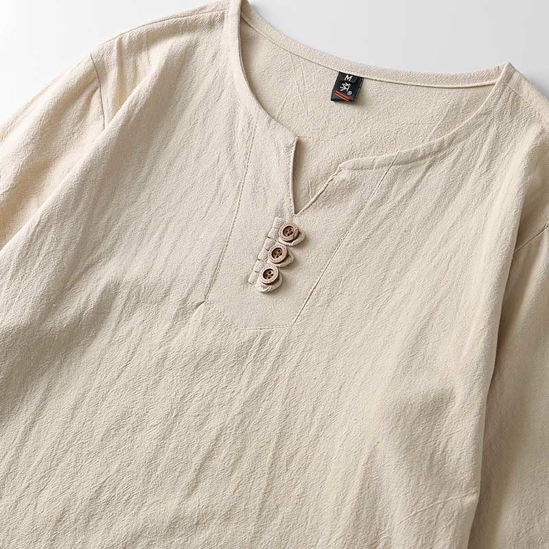 Buddha Stones無地長袖ボタンシャツコットンリネンメンズ服 - image 6