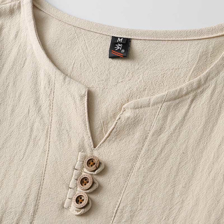 Buddha Stones無地長袖ボタンシャツコットンリネンメンズ服 - image 5