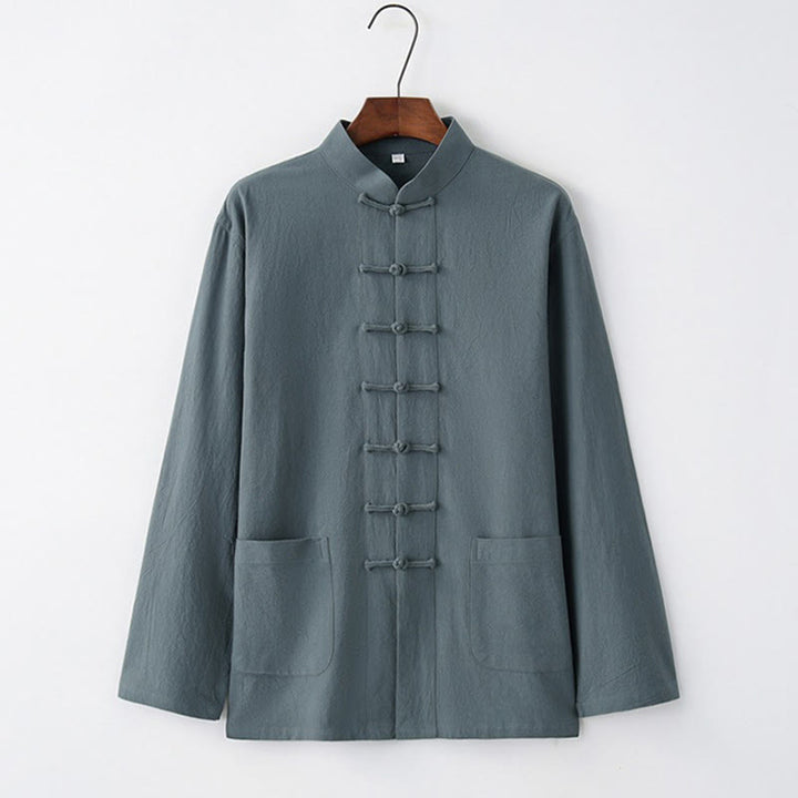 Buddha Stones唐蛙ボタン長袖シャツ コットン メンズ服 - ライトスチールブルー - US/UK/AU44、 EU54 (4XL) - image 3