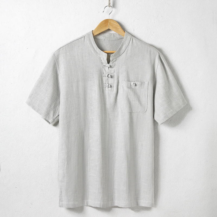 Buddha Stonesゆったりメンズシャツ 無地 ノッチネック トップス 半袖 快適 ボタン 通気性 コットンリネンシャツ - ゲインズボロ - US/UK/AU46、 EU56 (5XL)  - image 5