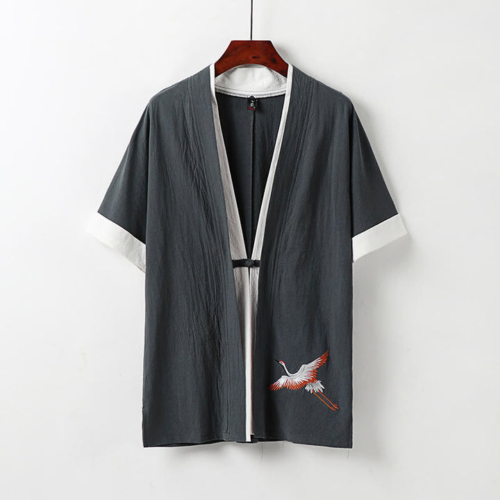 Buddha Stonesフェイクツーピースメンズ半袖カーディガン刺繍漢服快適コットンシャツ - グレー - US/UK/AU54、 EU64 (9XL) - image 11