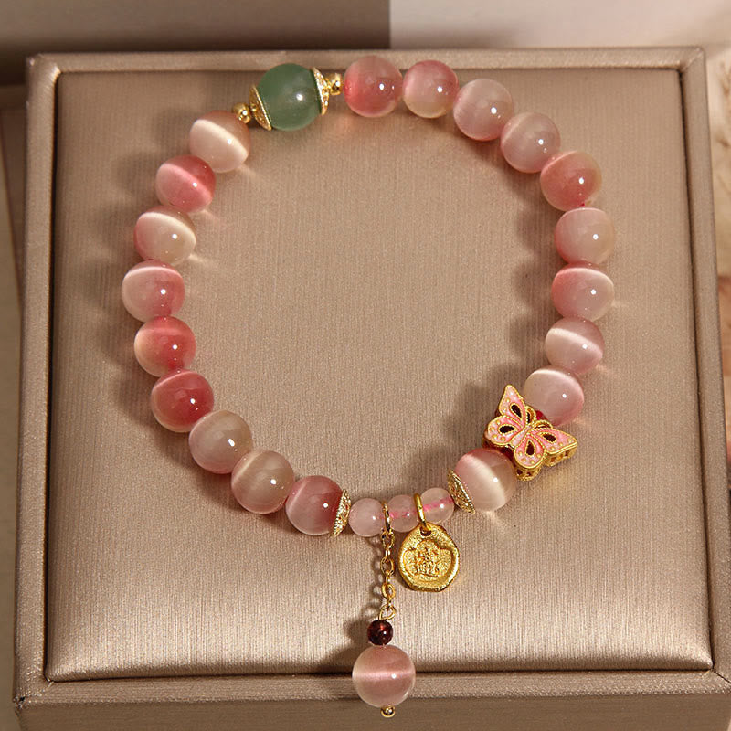 Buddha Stonesグラデーション ピンク キャッツアイ バタフライ ピース ブレスレット