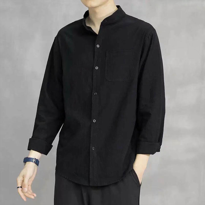 Buddha Stonesメンズ 長袖シャツ ポケット付き スタンドカラー コンフォートリネンシャツ - 黒 - US/UK/AU46、 EU56 (5XL) - image 16