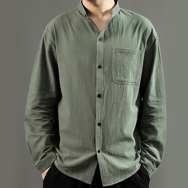 Buddha Stonesメンズ 長袖シャツ ポケット付き スタンドカラー コンフォートリネンシャツ - image 2