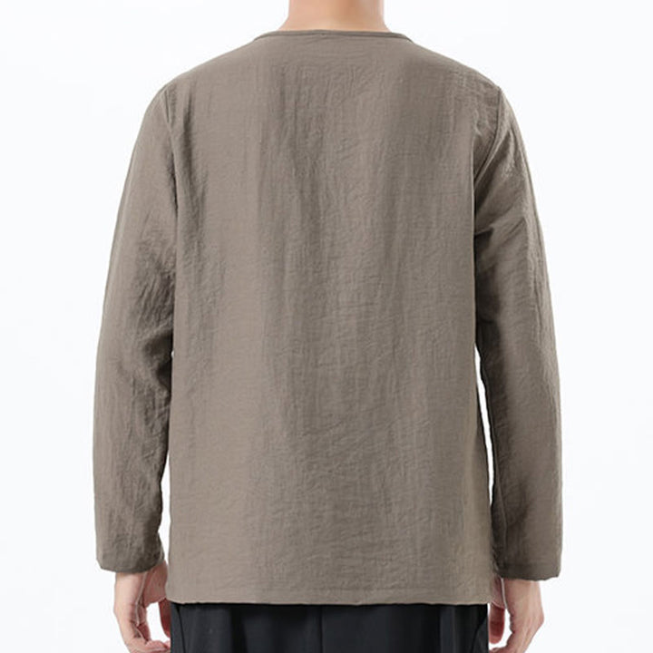 Buddha Stonesメンズ 長袖 ラウンドカラー コンフォート コットンリネン シャツ - image 2