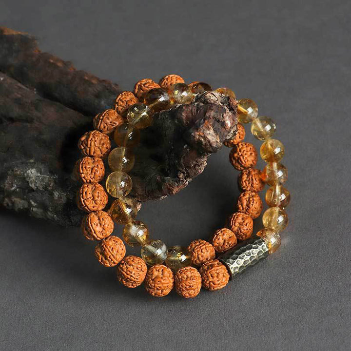 Buddha Stonesシトリン サンダルウッド 菩提樹の種子保護 ダブルラップブレスレット