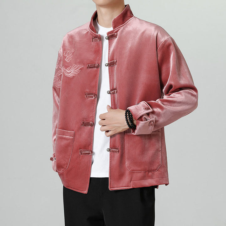 Buddha Stones刺繍ドラゴンカジュアルフロッグボタンコットンメンズジャケットシャツ服 - image 4