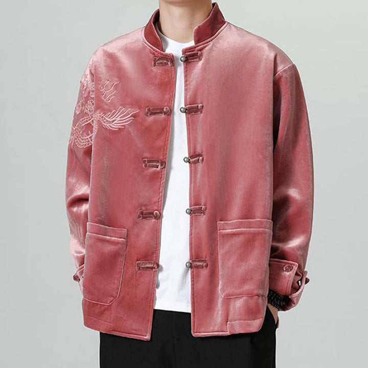 Buddha Stones刺繍ドラゴンカジュアルフロッグボタンコットンメンズジャケットシャツ服 - ファイアブリック - US/UK/AU46、 EU56 (5XL) - image 1