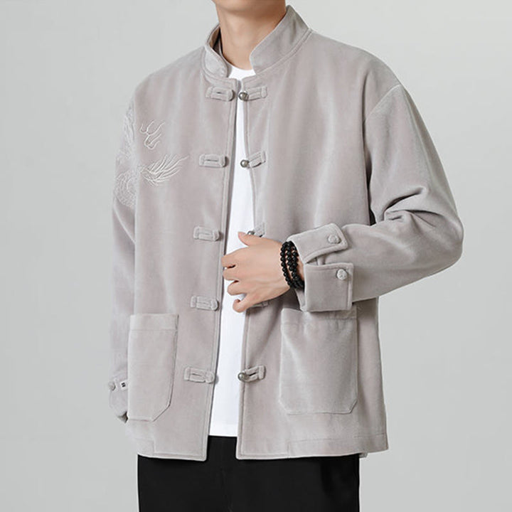 Buddha Stones刺繍ドラゴンカジュアルフロッグボタンコットンメンズジャケットシャツ服 - image 14