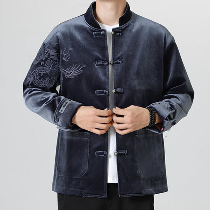 Buddha Stones刺繍ドラゴンカジュアルフロッグボタンコットンメンズジャケットシャツ服 - image 29