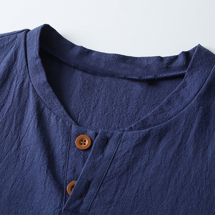 Buddha StonesゆったりメンズTシャツ 無地トップス 半袖 ボタン ノッチネック ソフトコットンリネンシャツ - image 5