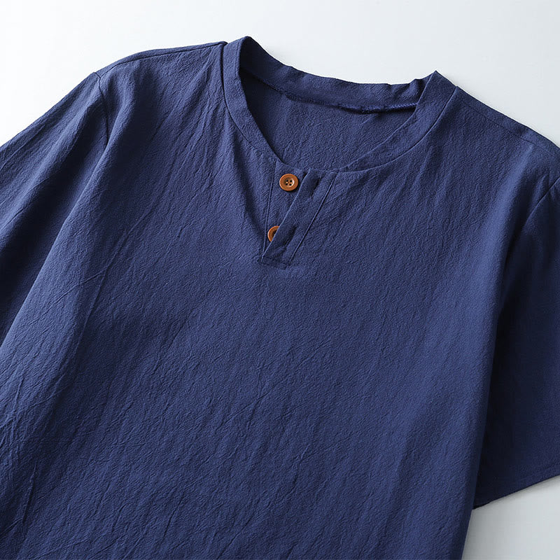 Buddha StonesゆったりメンズTシャツ 無地トップス 半袖 ボタン ノッチネック ソフトコットンリネンシャツ - image 4