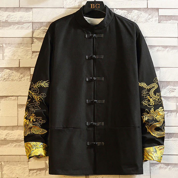 Buddha Stones刺繍龍鳳凰カジュアルフロッグボタンコットンメンズジャケットシャツ服 - 黒 - US/UK/AU46、 EU56 (5XL) - image 1