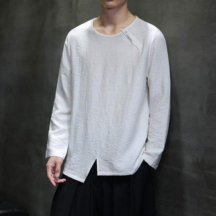 Buddha Stones無地 ゆったり 長袖 ラウンドネック コットン メンズシャツ - image 4