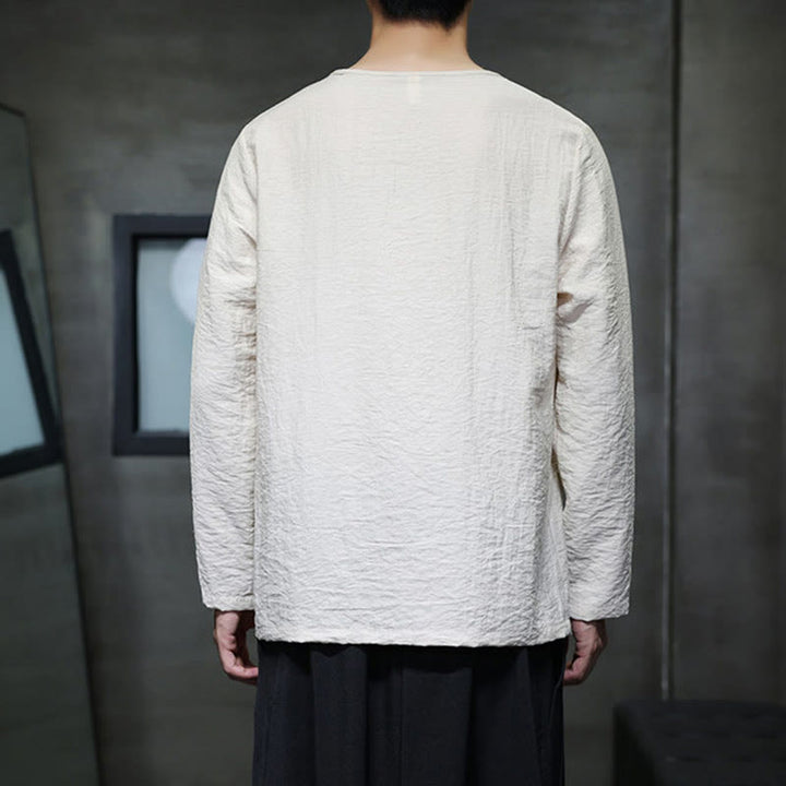 Buddha Stones無地 ゆったり 長袖 ラウンドネック コットン メンズシャツ - image 17