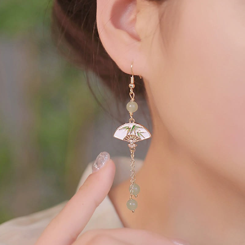 Buddha Stones14K 金張り銅翡翠扇竹の豊かなイヤリング