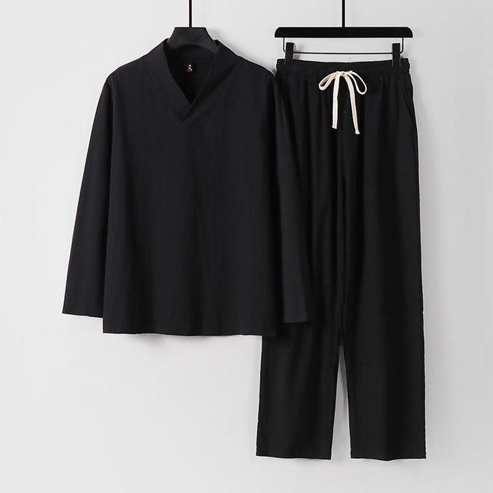 Buddha Stonesクロスカラーコットン唐装漢服トップスパンツメンズセット - 黒 - US/UK/AU54、 EU64 (9XL) - image 3