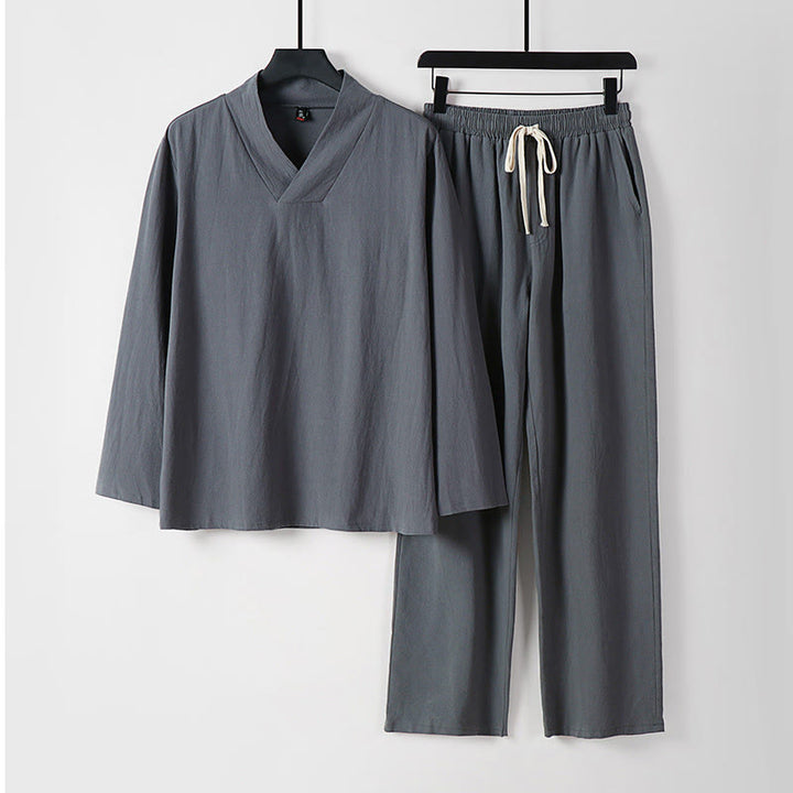 Buddha Stonesクロスカラーコットン唐装漢服トップスパンツメンズセット - グレー - US/UK/AU54、 EU64 (9XL) - image 0