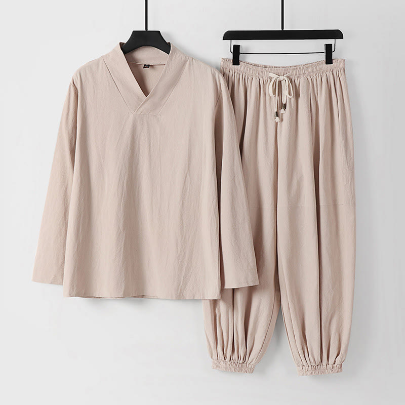 Buddha Stonesクロスカラークロップド丈ブルマーコットン唐装漢服トップスパンツ衣類メンズセット - ビスク - US/UK/AU54、 EU64 (9XL) - image 0