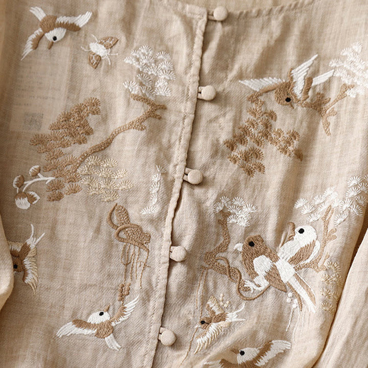 Buddha Stonesラウンドネックカジュアルブラウス刺繍長袖シャツコットンリネントップスレディースシャツ - image 9