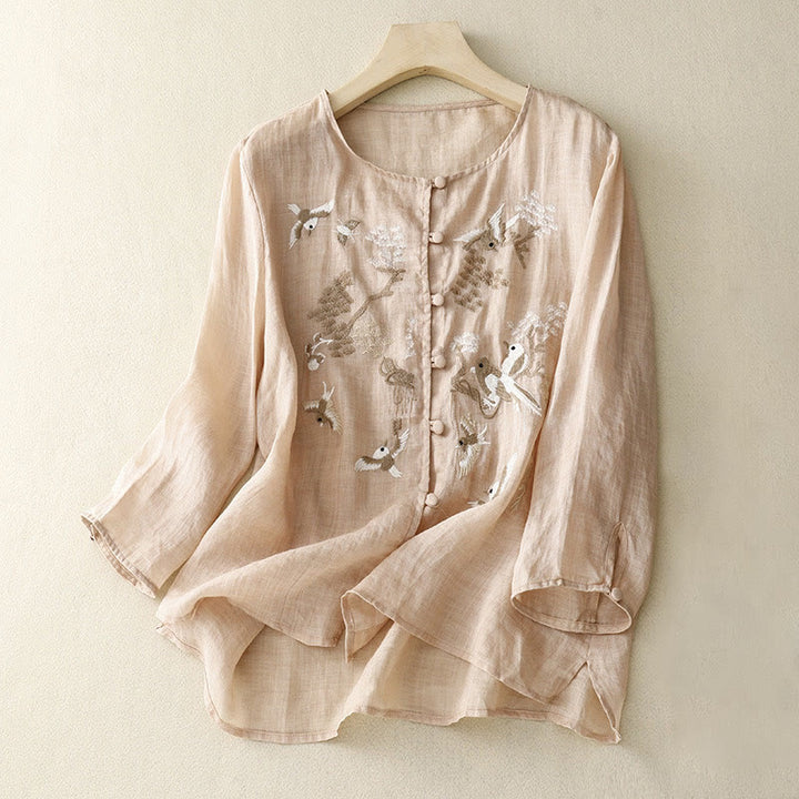Buddha Stonesラウンドネックカジュアルブラウス刺繍長袖シャツコットンリネントップスレディースシャツ - モカシン - US/UK/AU40、 EU50 (2XL) - image 0
